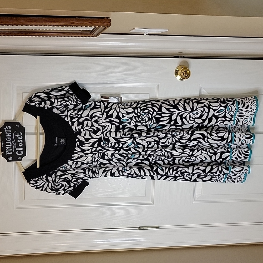 New Directions Dress 6 Black White Teal Short Sleeve Floral NEW